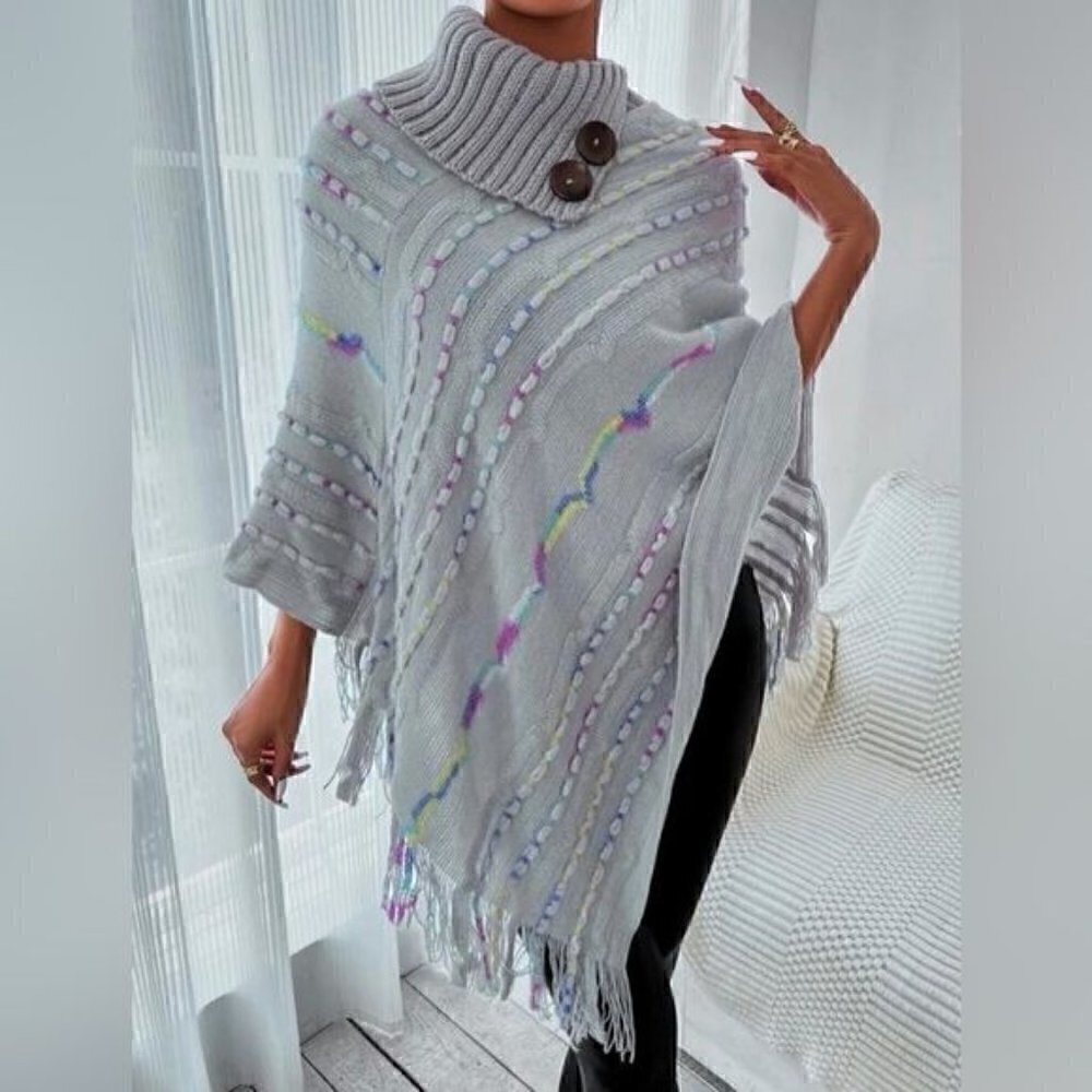 Textured Knit Fringe Trim Turtleneck Knit  Poncho